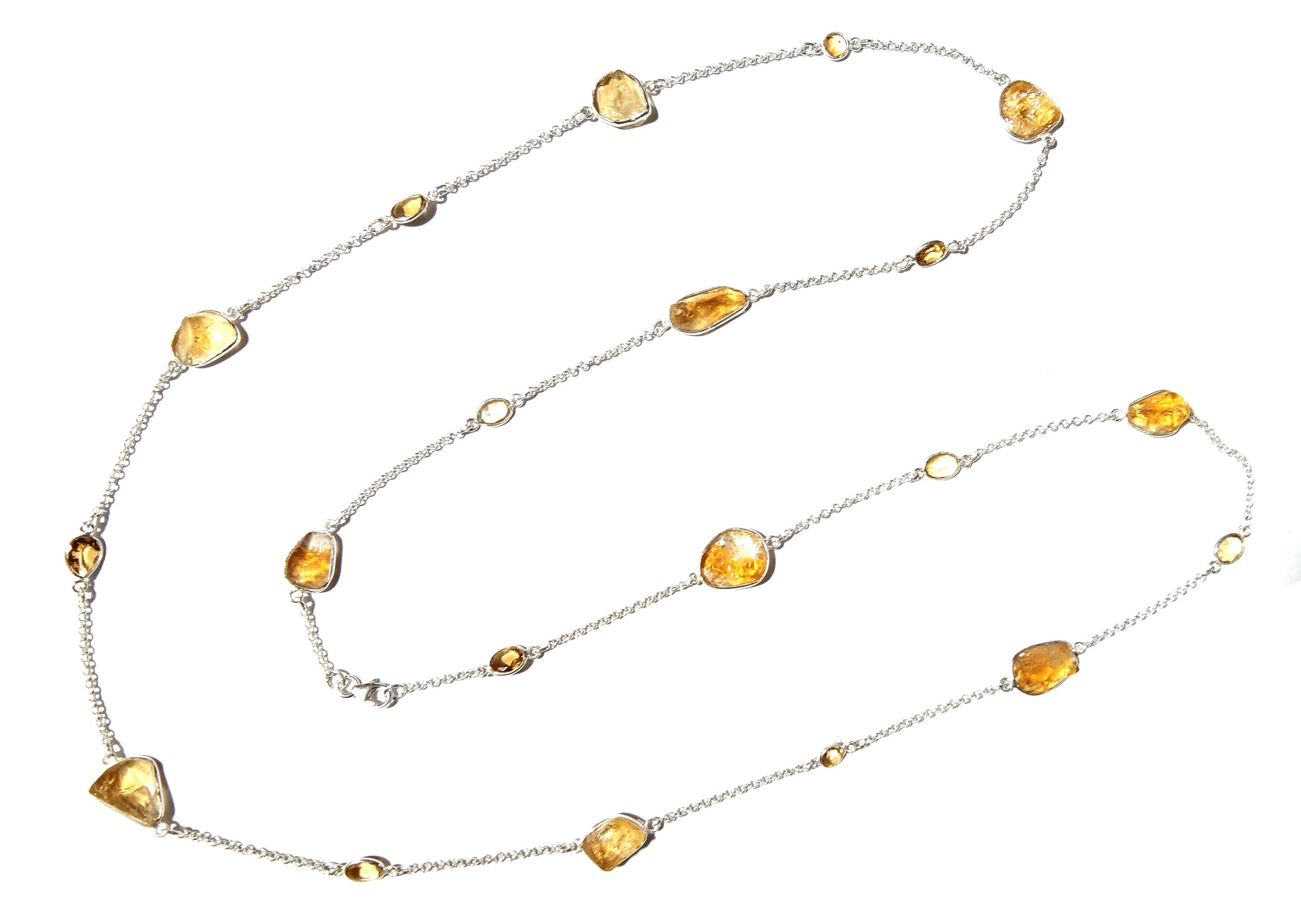 Beautiful Log Chain Necklace Natural Citrine Faceted & Rough Stone Bezel Necklace Chain 925 Starling Silver Chain Necklace Length 36 inche